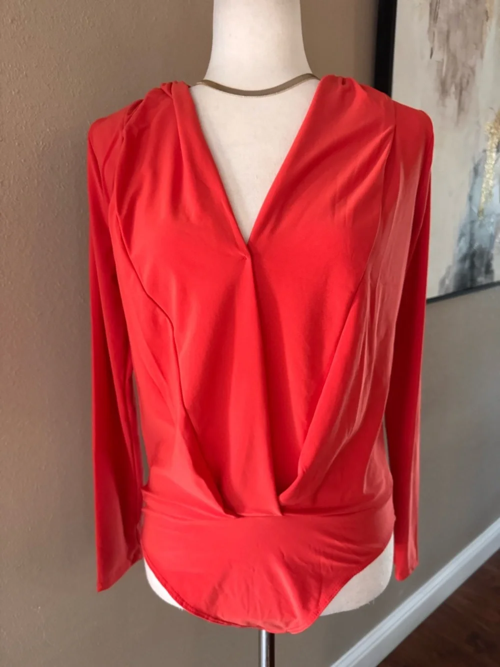V-Neck Long Sleeve Wrap Bodysuit in Coral Red - Picture 8 of 12